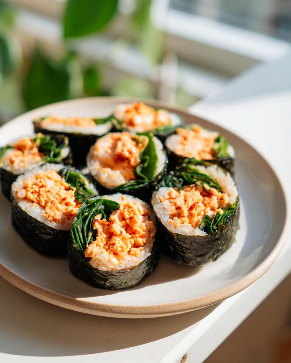 Close-up of several slices of homemade tuna kimbap arranged on a light plate near a window.