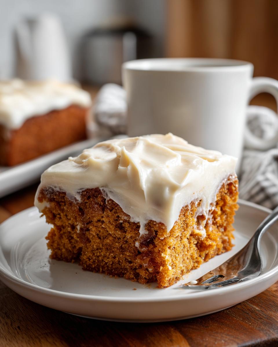 A moist slice of applesauce cake topped with thick cream cheese frosting on a white plate.