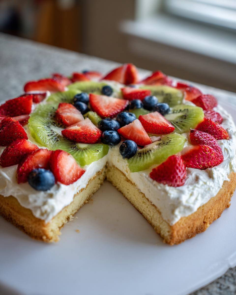 A slice removed from a fruit pizza sugar cookie topped with whipped cream, strawberries, kiwi, and blueberries.