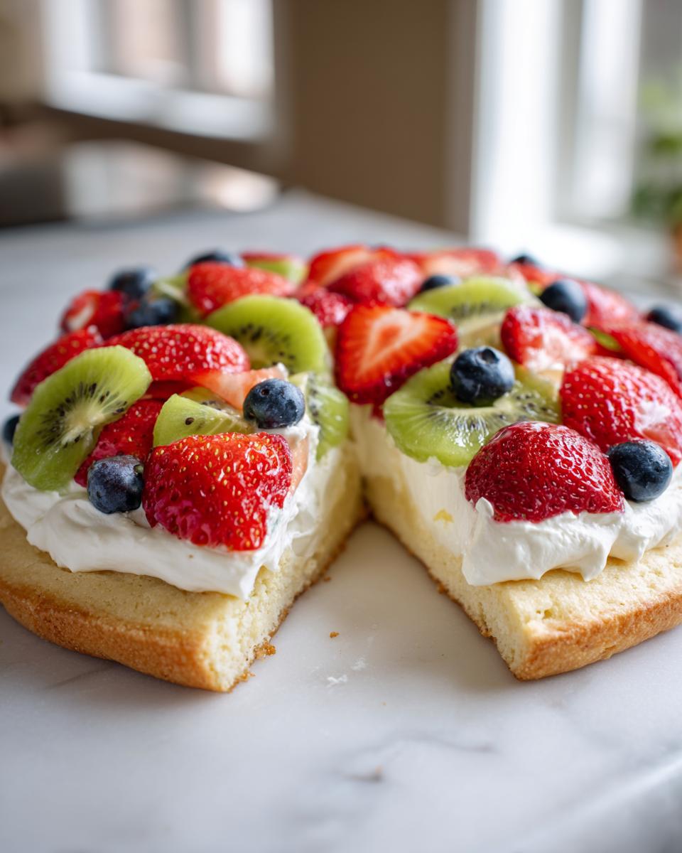 A close-up of a fruit pizza sugar cookie with a slice removed, topped with whipped cream, strawberries, kiwi, and blueberries.