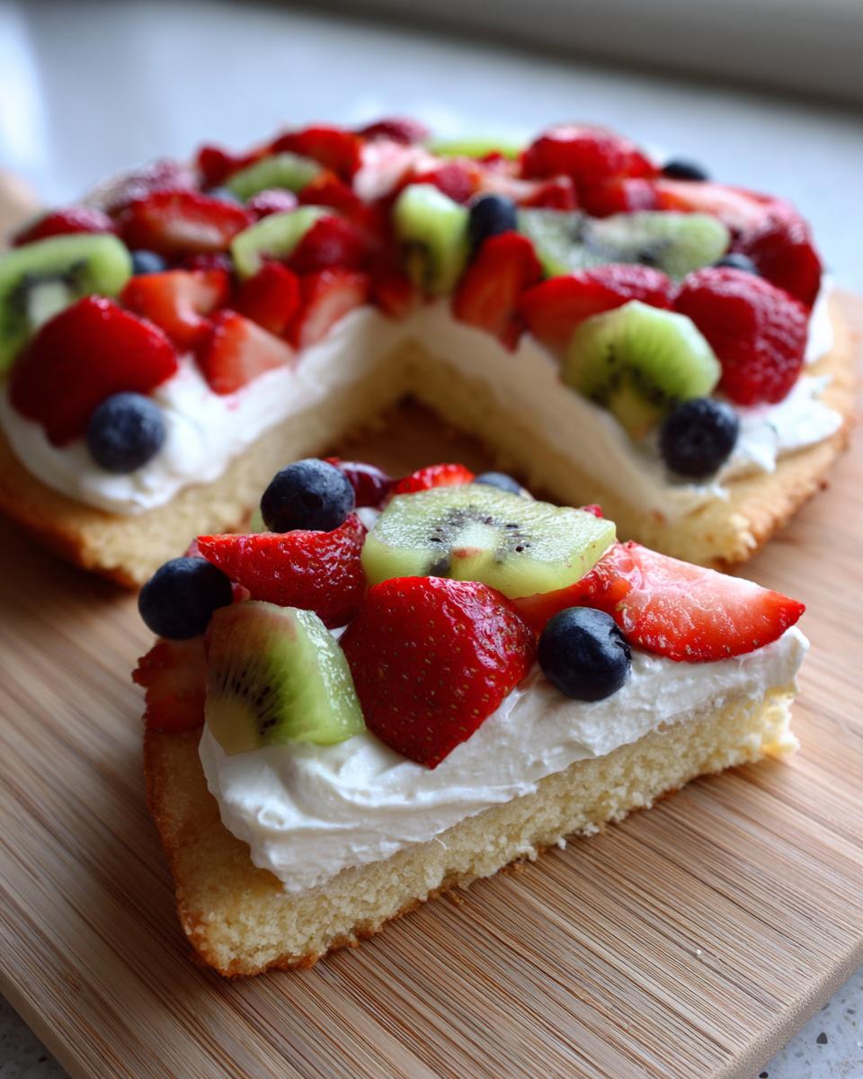 A slice of fruit pizza sugar cookie topped with whipped cream, strawberries, kiwi, and blueberries.