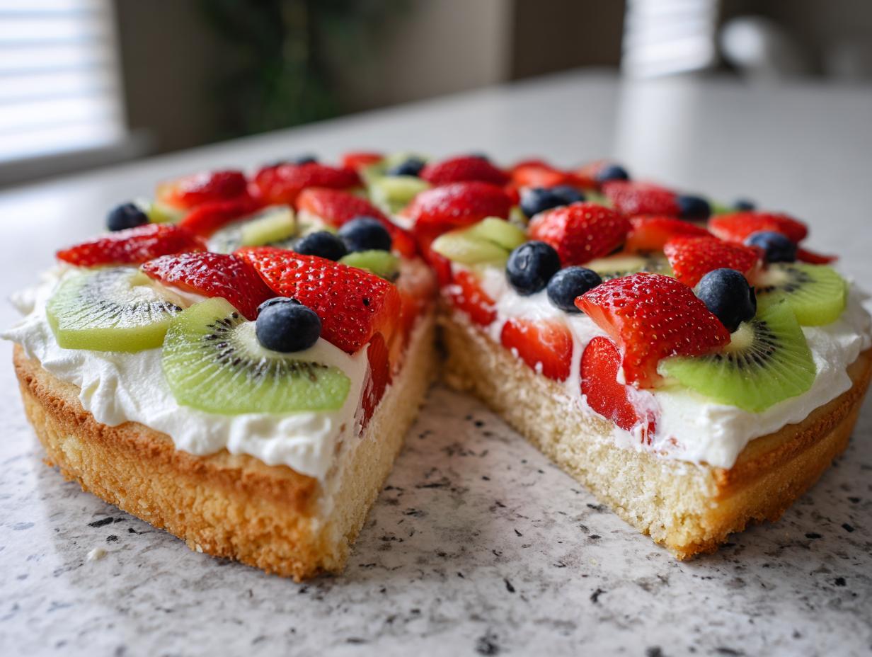 A slice removed from a vibrant fruit pizza sugar cookie topped with whipped cream, strawberries, kiwi, and blueberries.