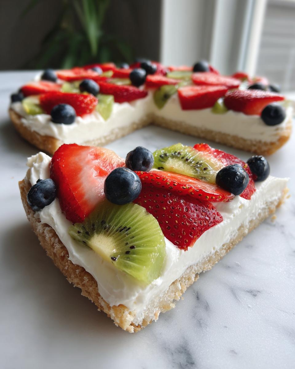 A close-up slice of fruit pizza sugar cookie topped with cream cheese frosting, strawberries, kiwi, and blueberries.