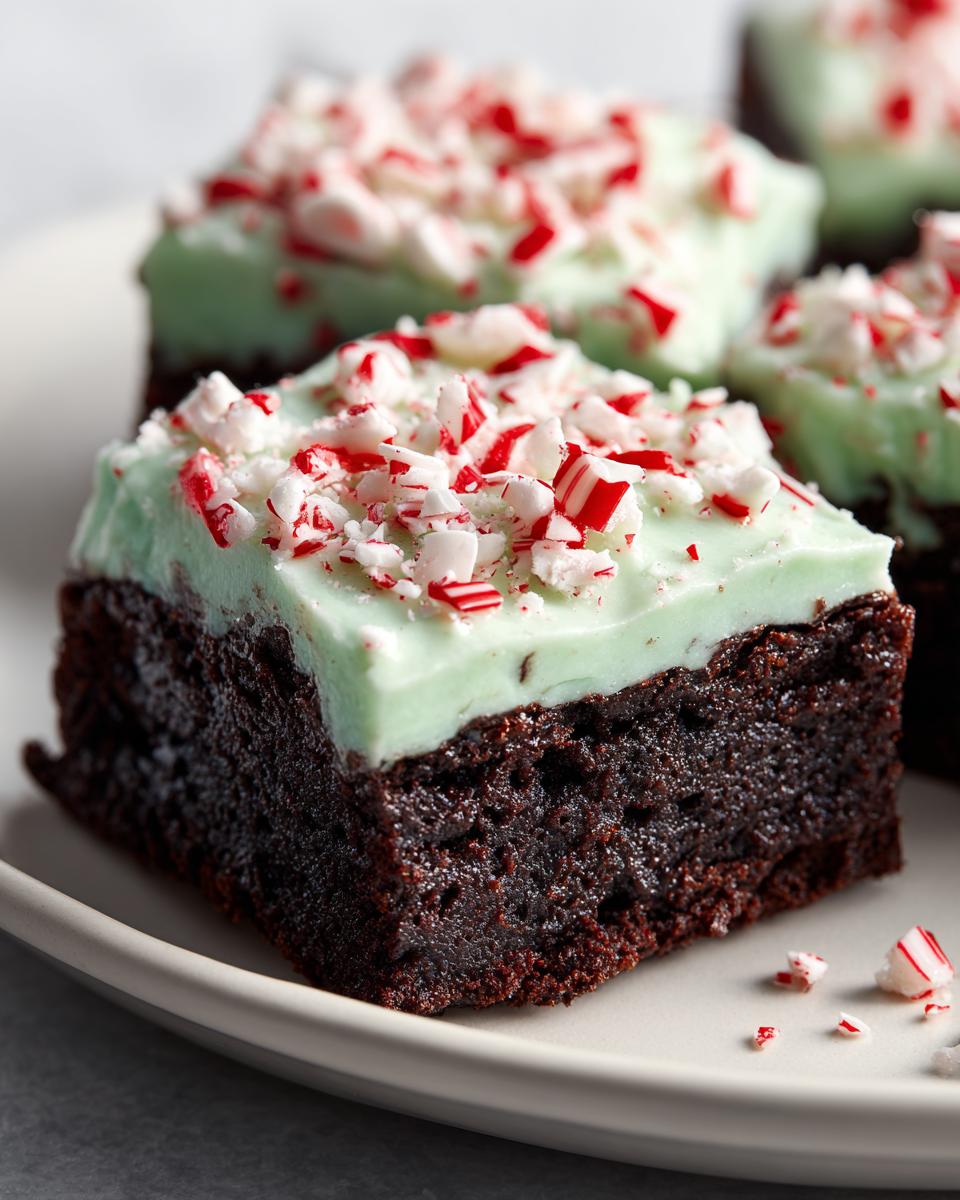 Close-up of a fudgy peppermint brownie square topped with light green mint frosting and crushed candy canes.