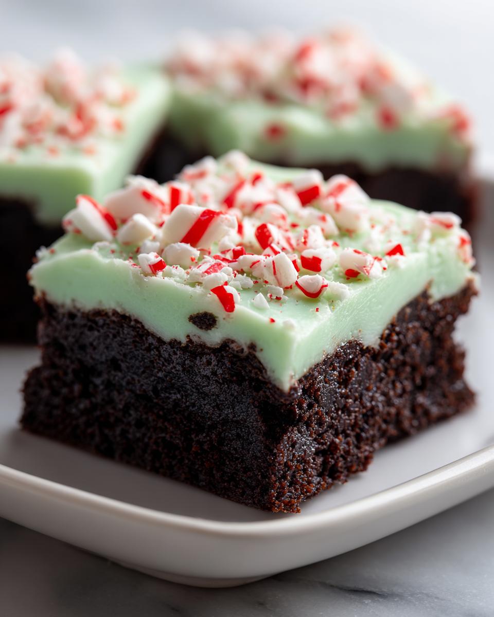 Close-up of a fudgy peppermint brownies square topped with light green mint frosting and crushed candy canes.