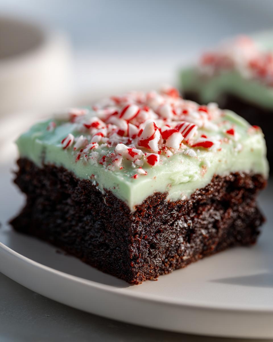A close-up of a fudgy peppermint brownies square topped with light green mint frosting and crushed candy canes.