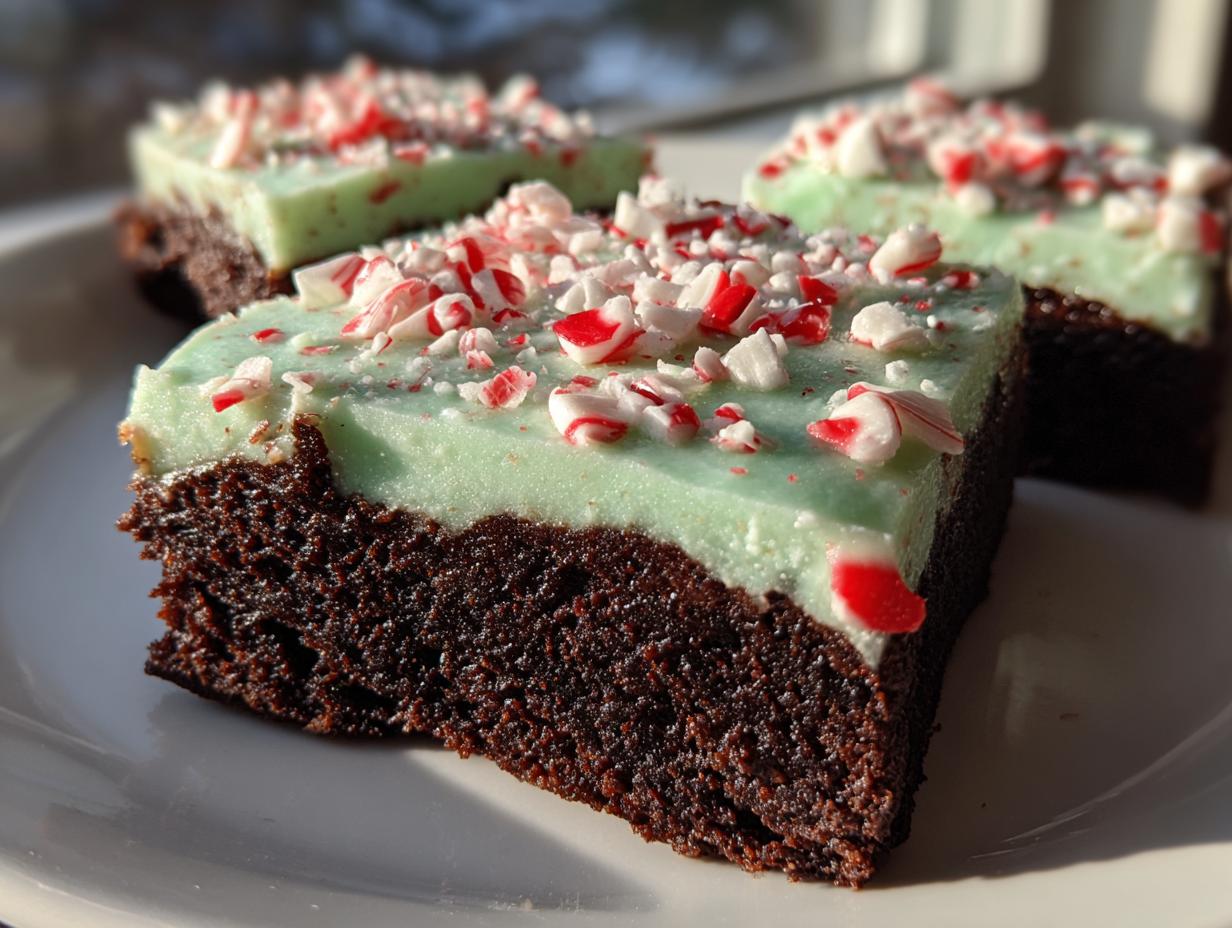 Close-up of fudgy peppermint brownies topped with thick mint green frosting and crushed candy canes.
