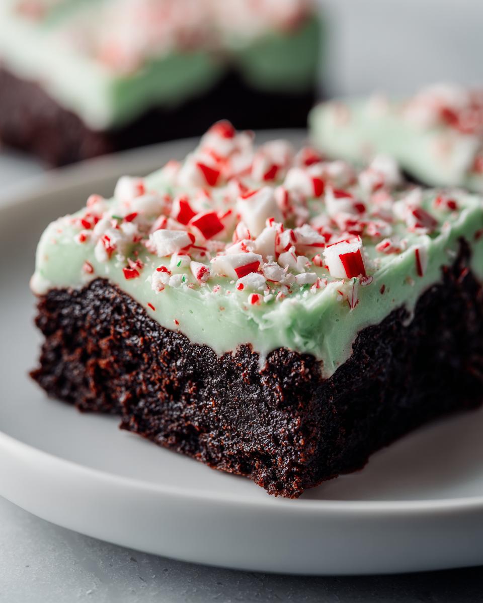 Close-up of a fudgy peppermint brownies square topped with light green mint frosting and crushed candy canes.