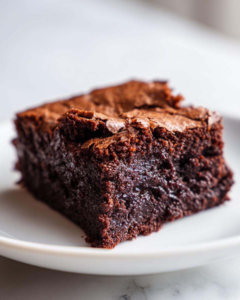 Close-up of a rich, fudgy square of sweet potato brownies with a crackly top on a white plate.