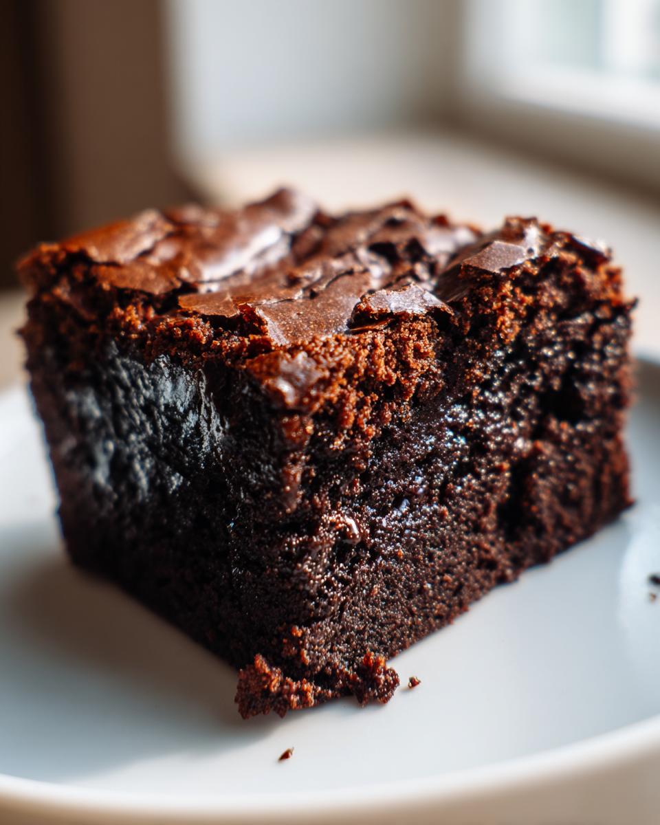 Close-up of a rich, dark, fudgy square of sweet potato brownies with a crackly top.