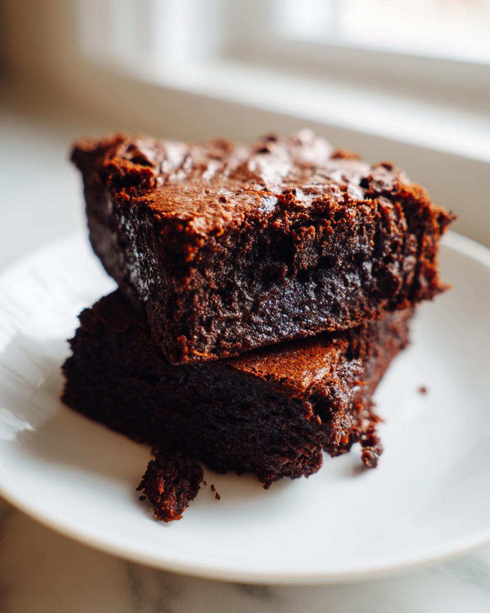 Two stacked, fudgy sweet potato brownies with a shiny, cracked top on a white plate.