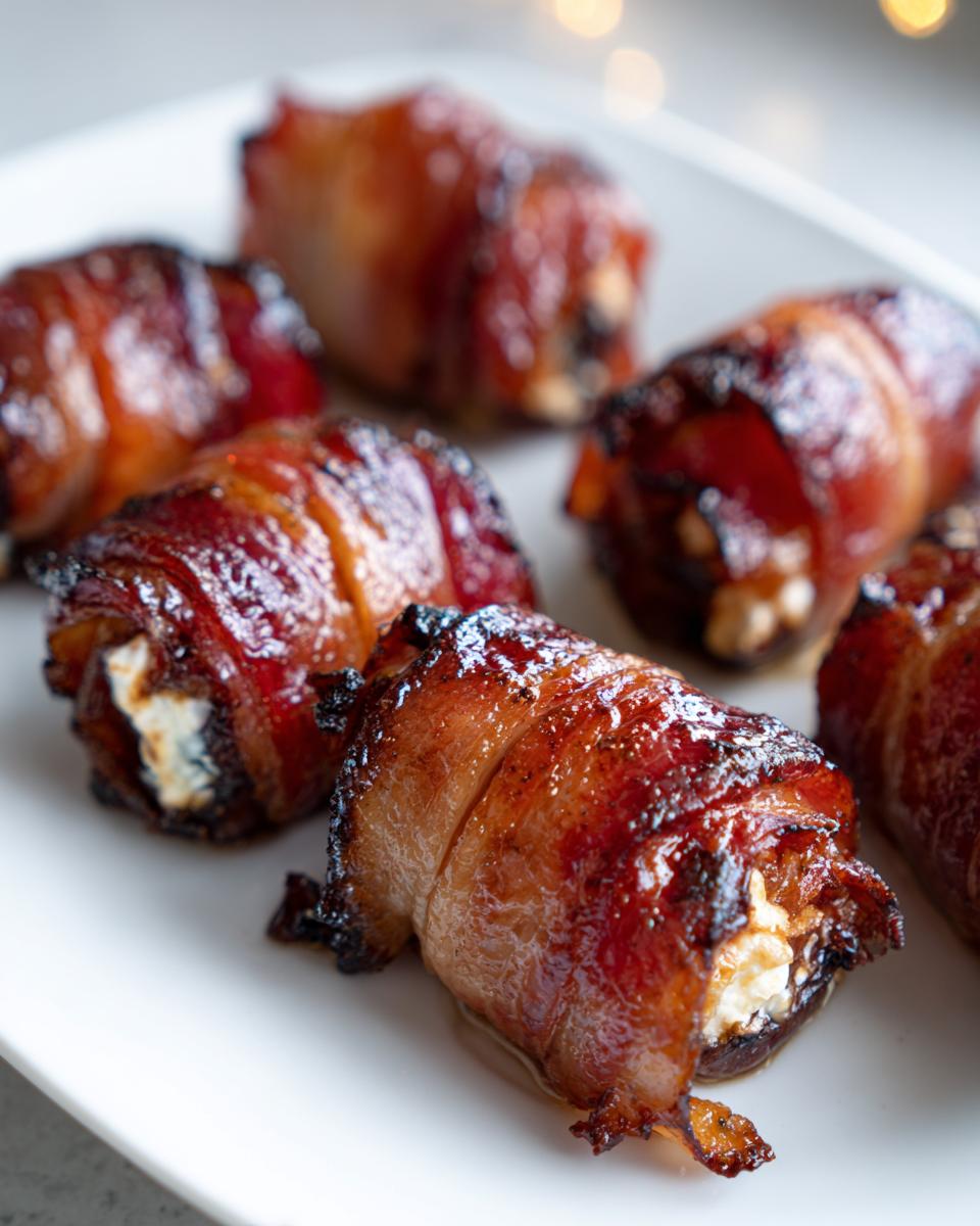Close-up of several perfectly glazed bacon-wrapped dates stuffed with cheese on a white plate.