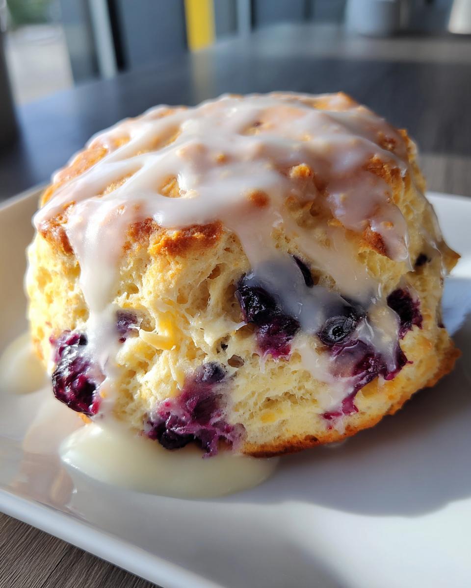Close-up of a fluffy blueberry scone topped with thick white glaze, showing burst blueberries inside.