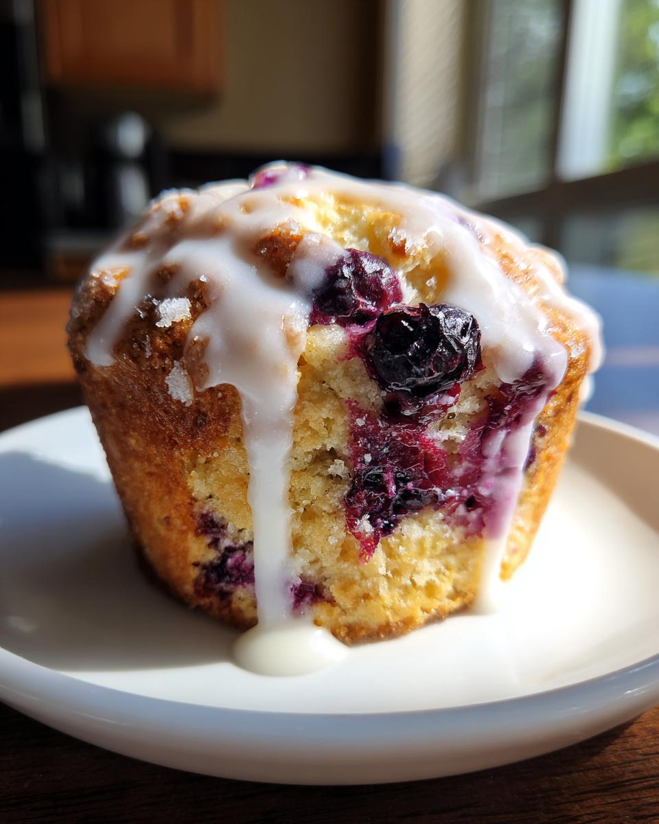 Close-up of a single, golden baked blueberry scone topped with thick white glaze dripping down the side.