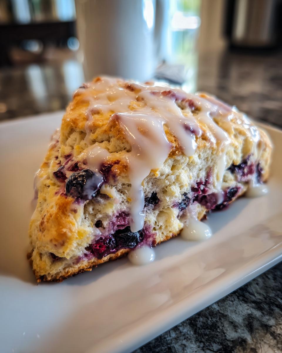 Close-up of a freshly baked blueberry scone slice topped with thick white glaze.