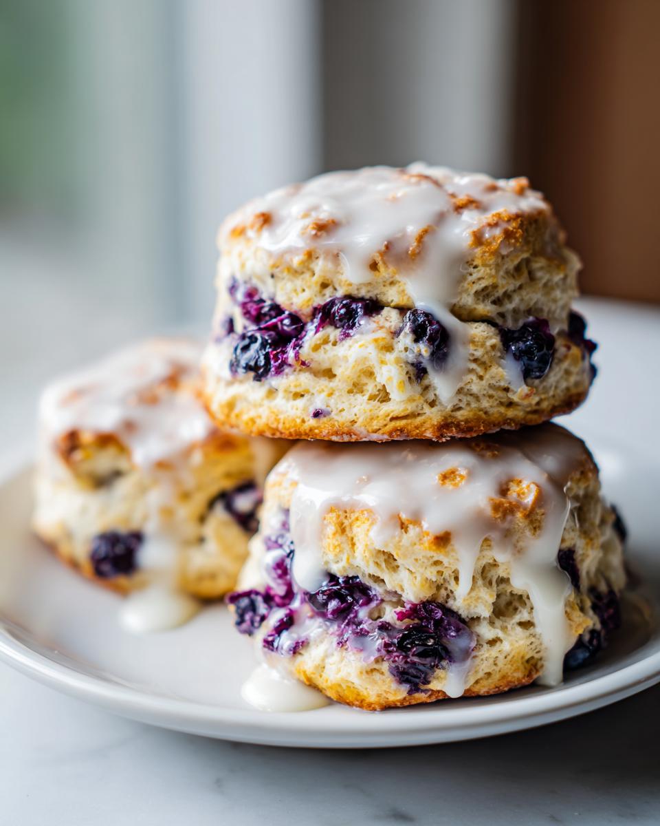 A stack of three fluffy blueberry scones topped with thick white glaze, featuring visible purple blueberries inside.