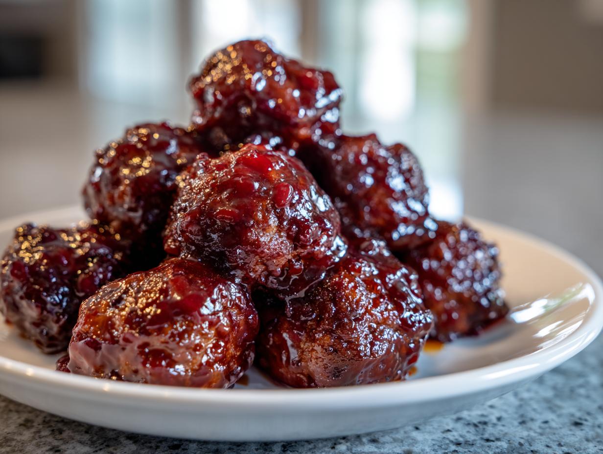 A close-up of several glistening grape jelly meatballs piled high on a white serving dish.