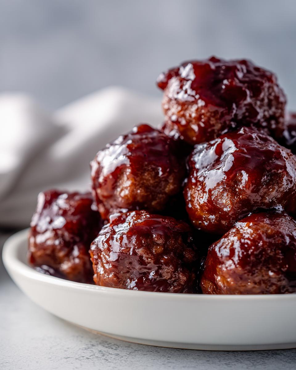A close-up of several shiny, glazed grape jelly meatballs piled high in a small white serving dish.