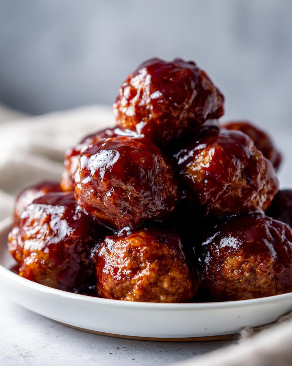 A close-up of a pile of glistening grape jelly meatballs coated in a rich, dark sauce, served in a white bowl.