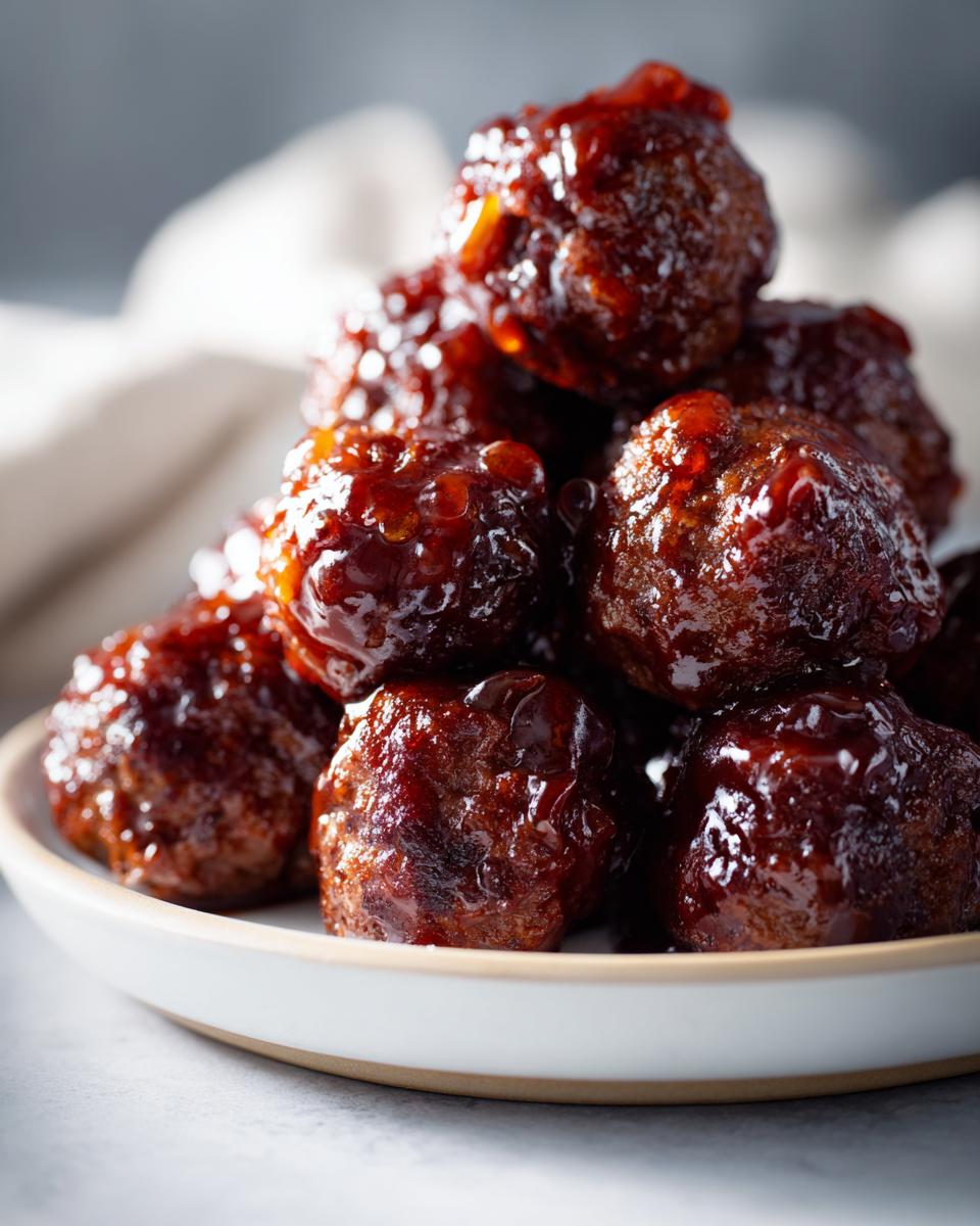 A close-up stack of rich, dark, and glossy grape jelly meatballs piled high on a small white serving plate.