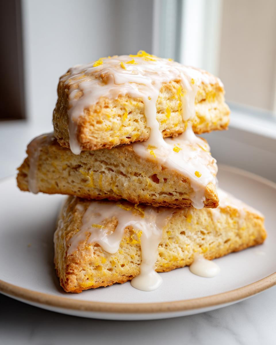 Three triangular lemon scones stacked on a white plate, generously drizzled with white glaze and topped with bright lemon zest.