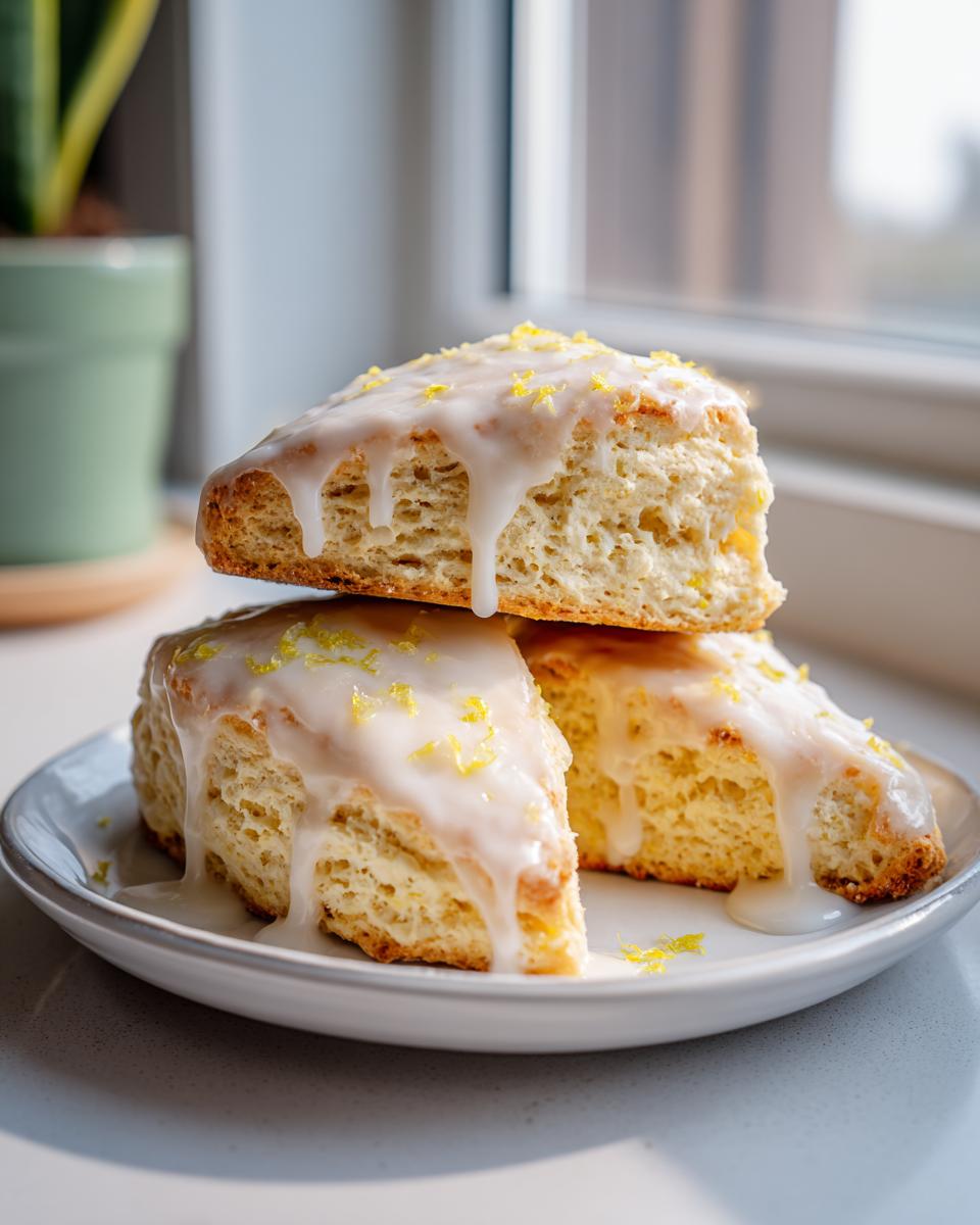 Three triangular lemon scones stacked on a white plate, generously drizzled with white glaze and topped with bright yellow lemon zest.