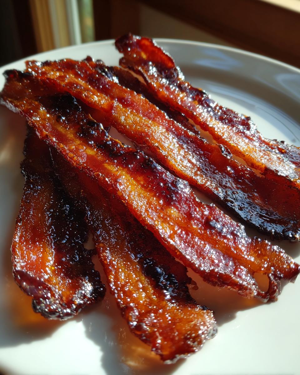 Close-up of several glossy, caramelized strips of Millionaire bacon resting on a white plate.