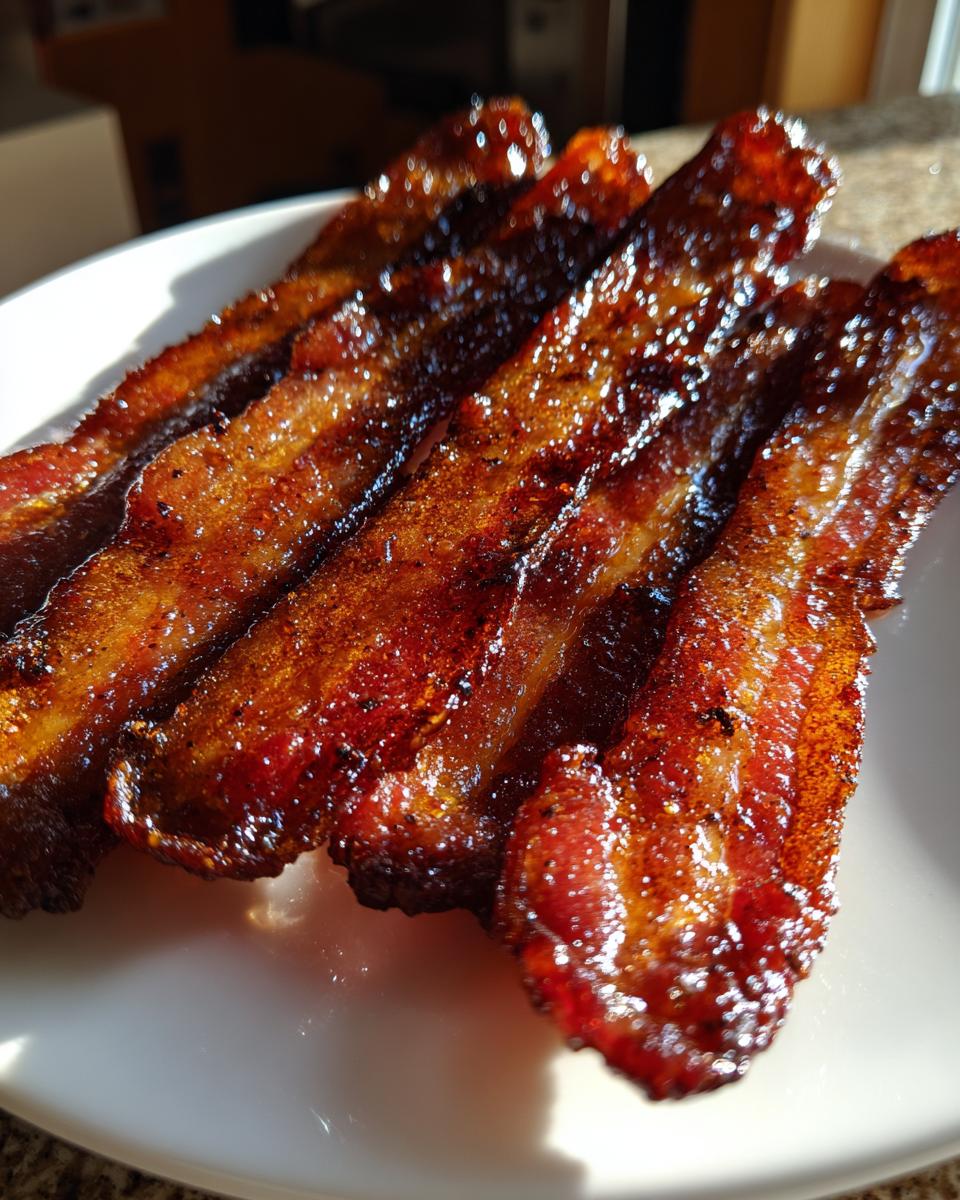 Close-up of four shiny, caramelized strips of Millionaire bacon resting on a white plate.