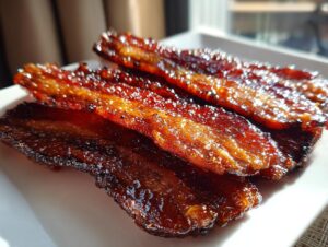 Close-up of four strips of shiny, caramelized Millionaire bacon resting on a white plate.