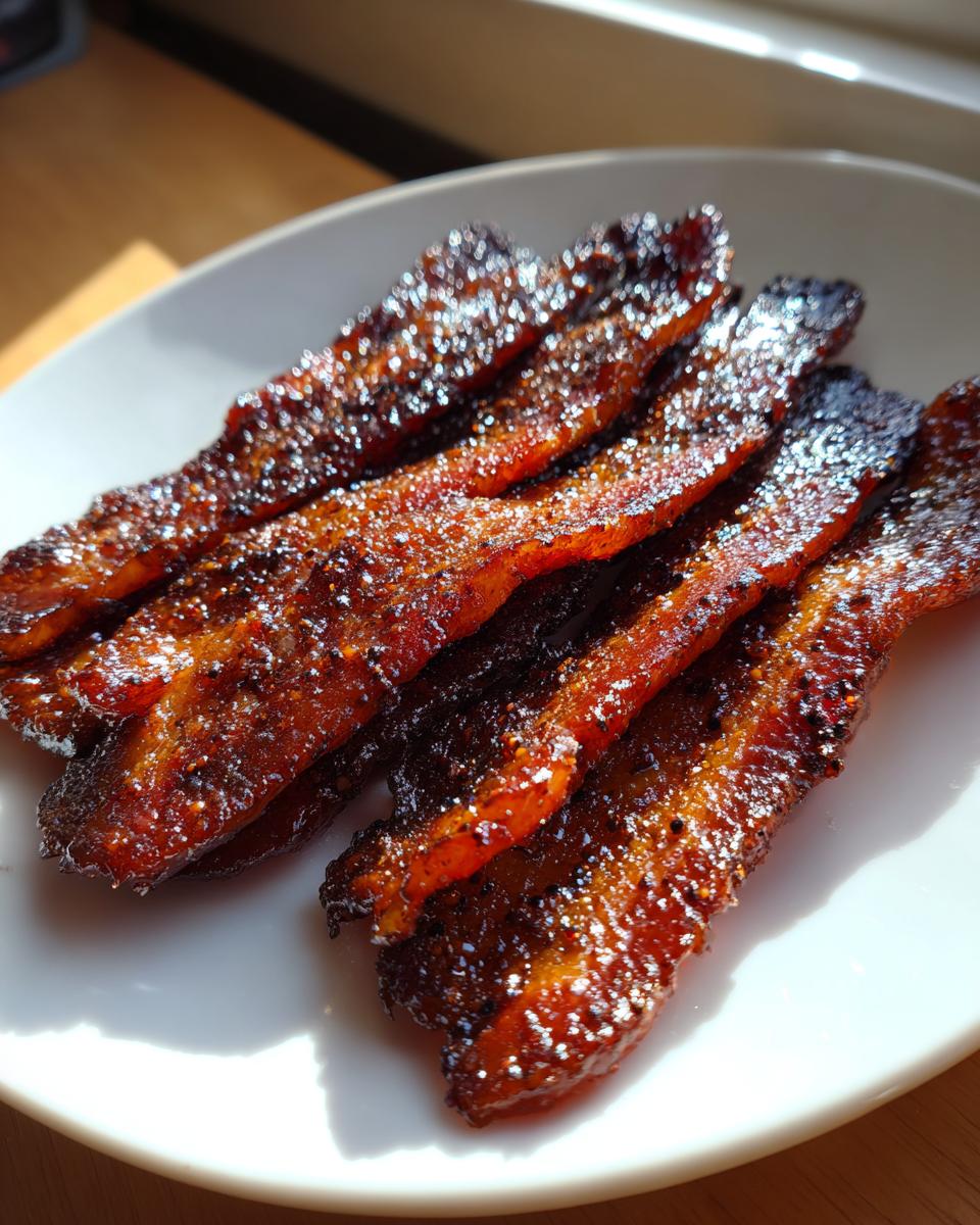 Close-up of several glossy, caramelized strips of Millionaire bacon resting on a white plate.