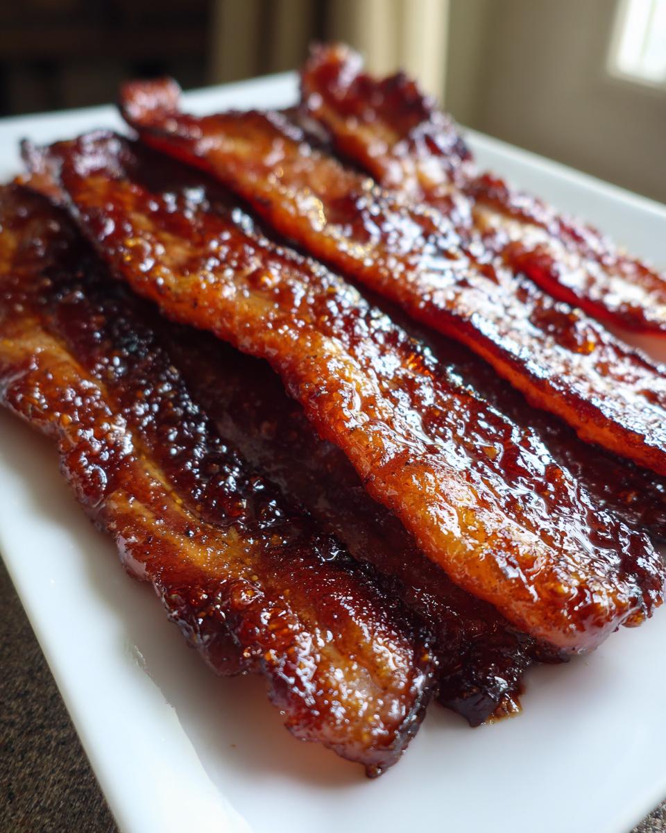 Close-up of several glossy, caramelized strips of Millionaire bacon resting on a white rectangular plate.