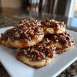 A stack of delicious pecan pie cookies featuring a buttery base topped with sticky, caramelized pecans.