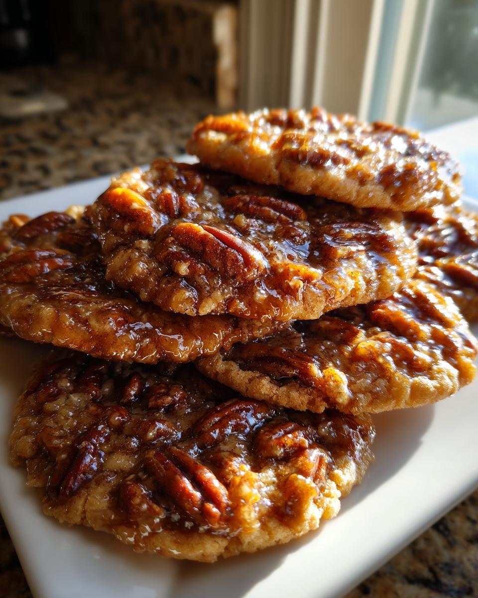 A stack of gooey, glazed pecan pie cookies topped with whole pecans, glistening in the sunlight.