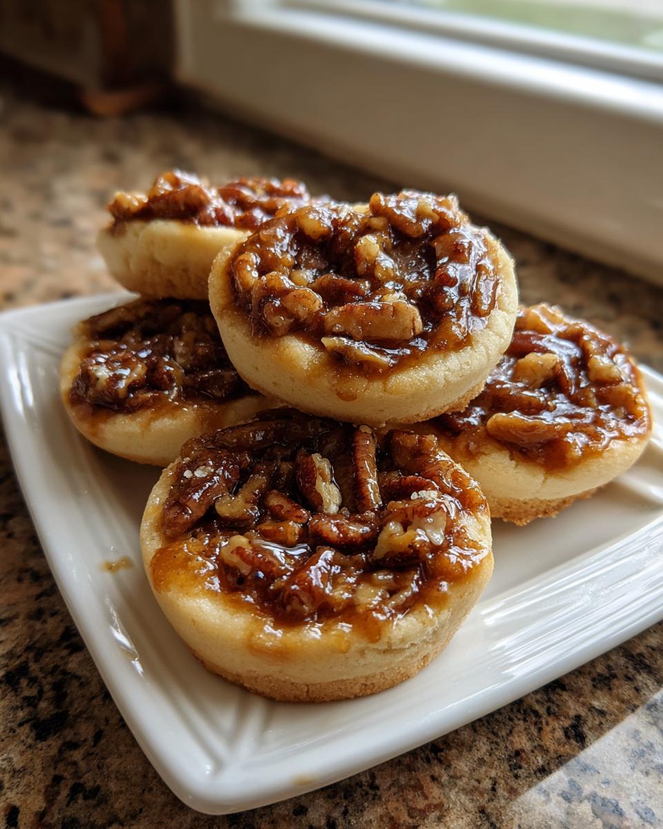 A stack of four homemade pecan pie cookies topped with sticky, glazed pecans, ready to eat.