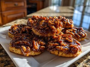 A stack of rich, gooey pecan pie cookies featuring a thick, caramelized pecan topping on a shortbread base.