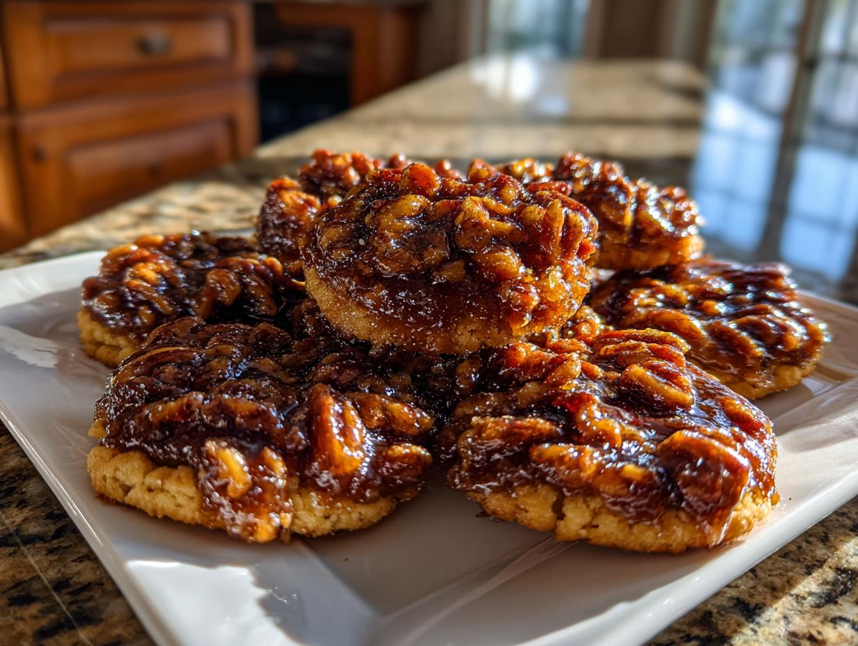 A stack of rich, gooey pecan pie cookies featuring a thick, caramelized pecan topping on a shortbread base.
