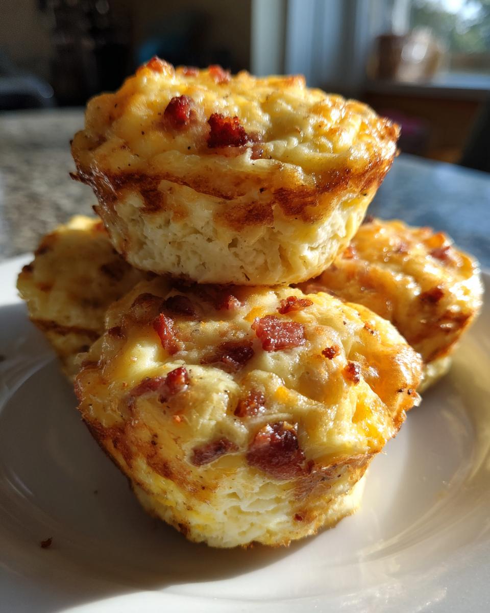 A stack of four golden brown, baked egg bites topped with crispy bacon pieces, ready to eat.