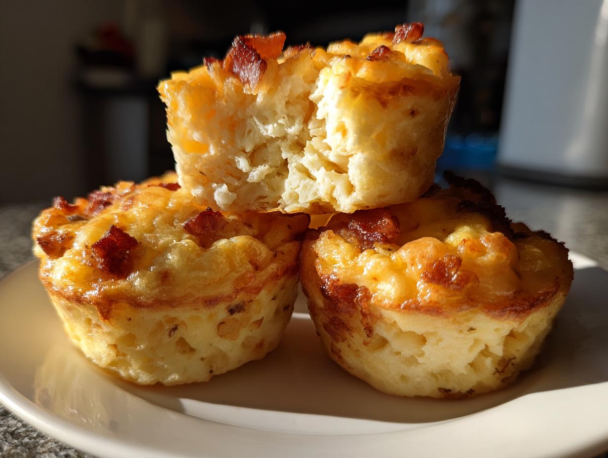 Three golden brown, fluffy egg bites stacked on a white plate, one broken open to show the texture.