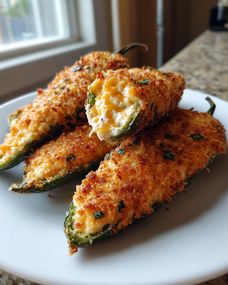 Four golden-brown, breaded jalapeño poppers piled on a white plate, one is broken open showing the cheesy filling.