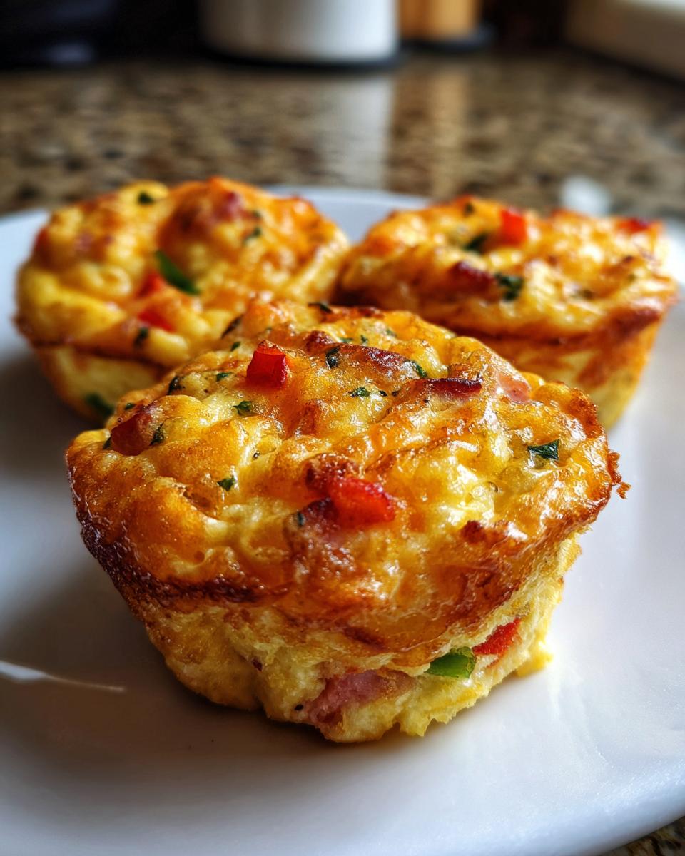 Three golden brown Egg Muffin Cups with melted cheese, red peppers, and herbs on a white plate.
