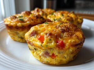 Close-up of three golden brown Egg Muffin Cups topped with melted cheese and visible red peppers.