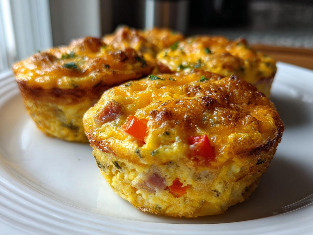 Close-up of three golden brown Egg Muffin Cups topped with melted cheese and visible red peppers.