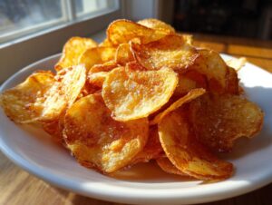 Close-up of a mound of golden, crispy homemade potato chips sprinkled with salt, backlit by a window.