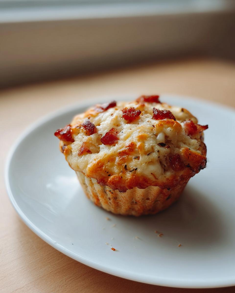 A single, freshly baked pizza muffin topped with melted cheese and crispy bacon bits, resting on a white plate.