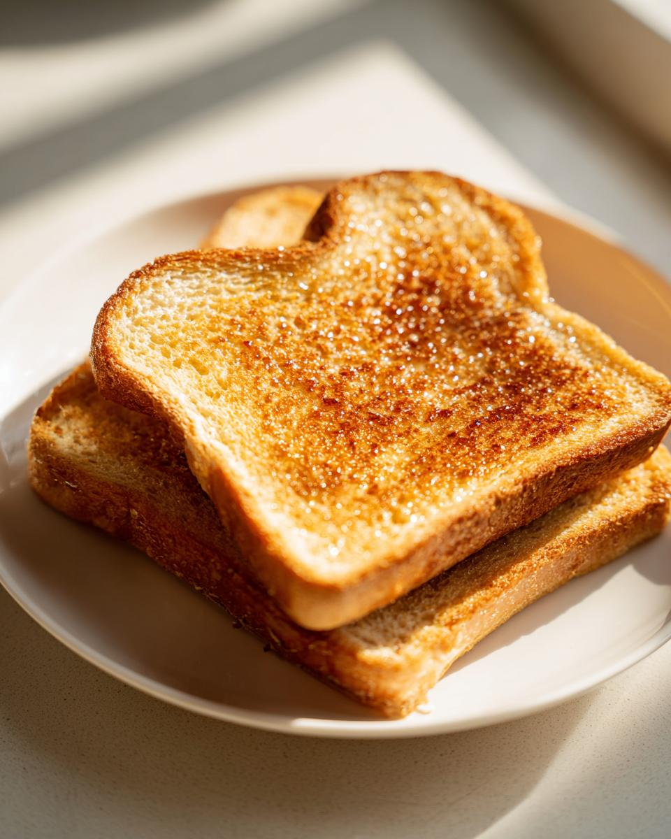 Two slices of golden brown protein french toast stacked on a white plate, glistening under sunlight.