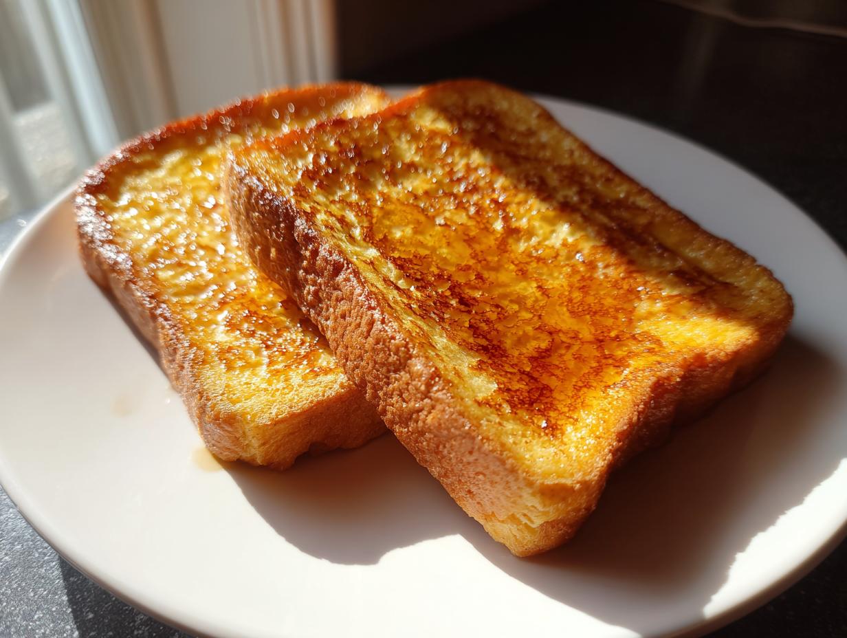 Two slices of golden brown protein french toast glistening with syrup, served on a white plate.