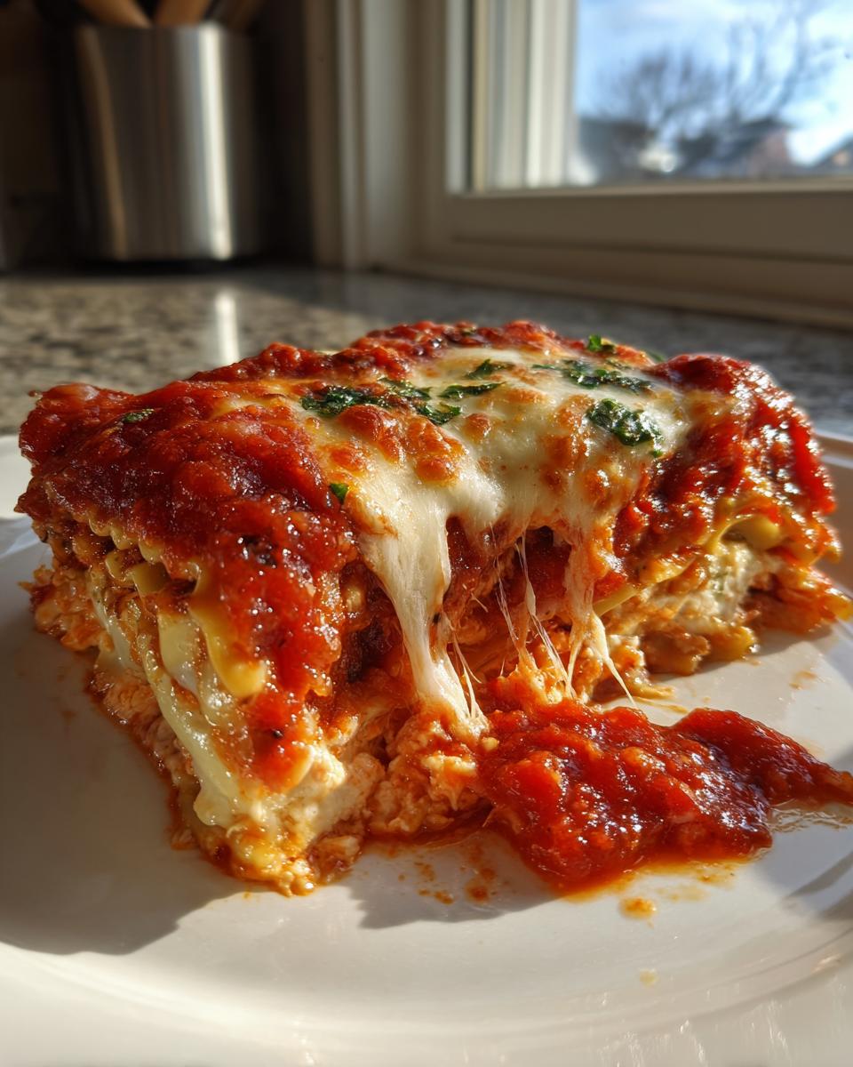 A close-up, gooey slice of baked ravioli covered in rich tomato sauce and melted mozzarella cheese.