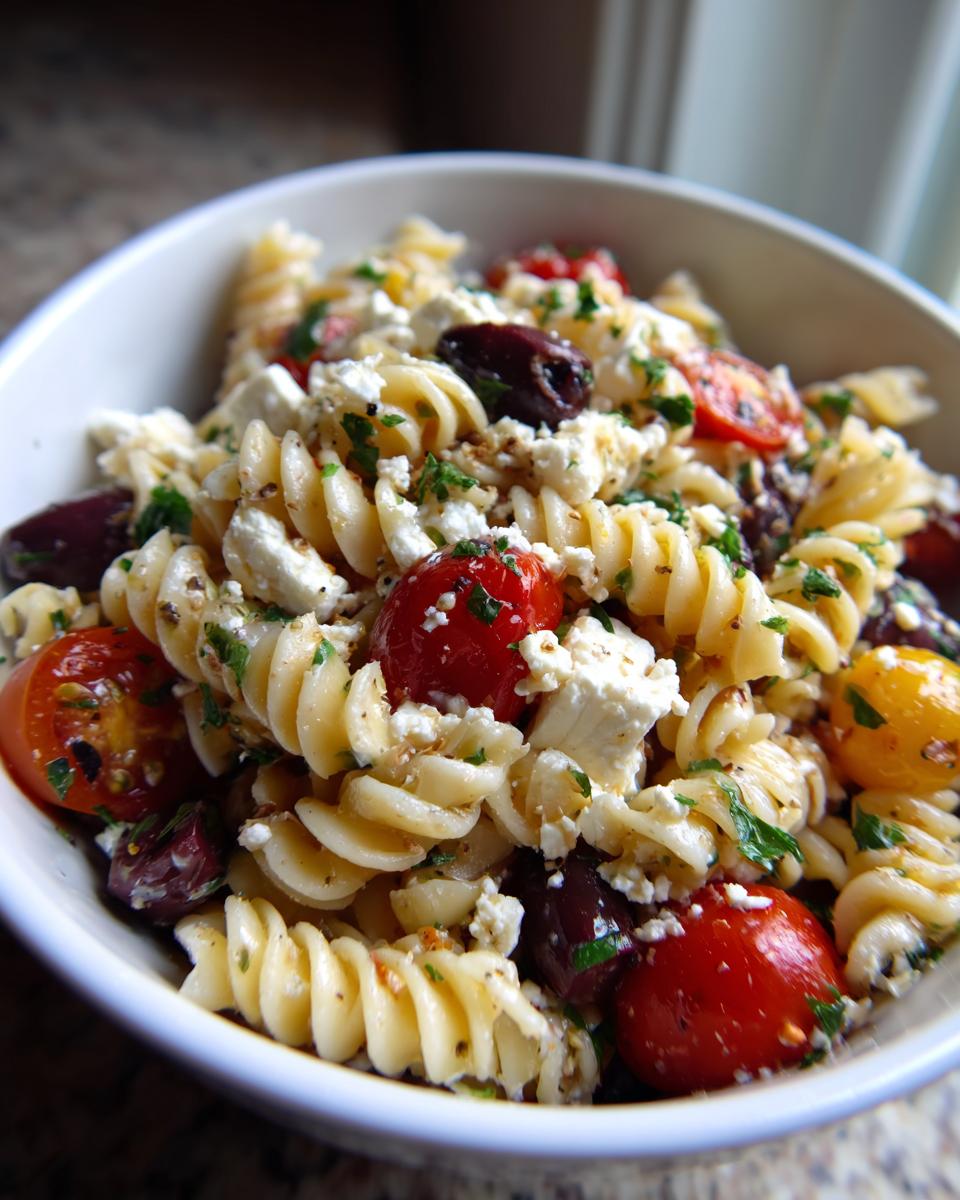 Close-up of a white bowl filled with vibrant greek pasta salad featuring rotini pasta, cherry tomatoes, feta cheese, and Kalamata olives.