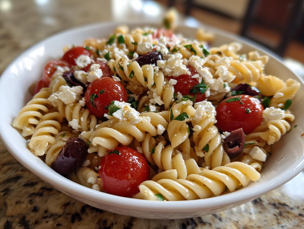 Close-up of a white bowl filled with vibrant greek pasta salad featuring rotini pasta, cherry tomatoes, feta cheese, and Kalamata olives.