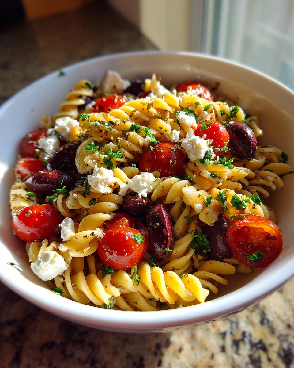 A close-up view of a vibrant greek pasta salad featuring rotini pasta, cherry tomatoes, Kalamata olives, and feta cheese.